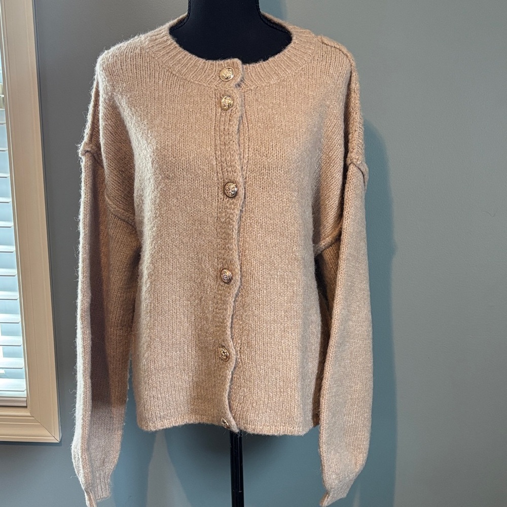 Cozy Tan Button-Front Women’s Sweater Cardigan